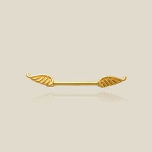 14K Solid Gold Angel Wings Barbell Nipple Ring or Earring, 15mm x 1.5mm